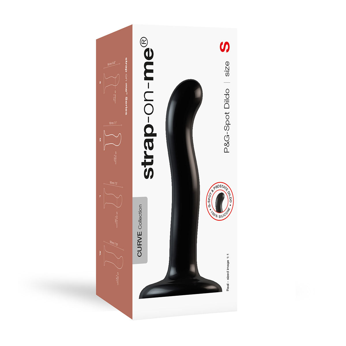 Strap-On-Me P&G Spot Dildo Small Black packaging showing ergonomic design for G-spot and P-spot stimulation.