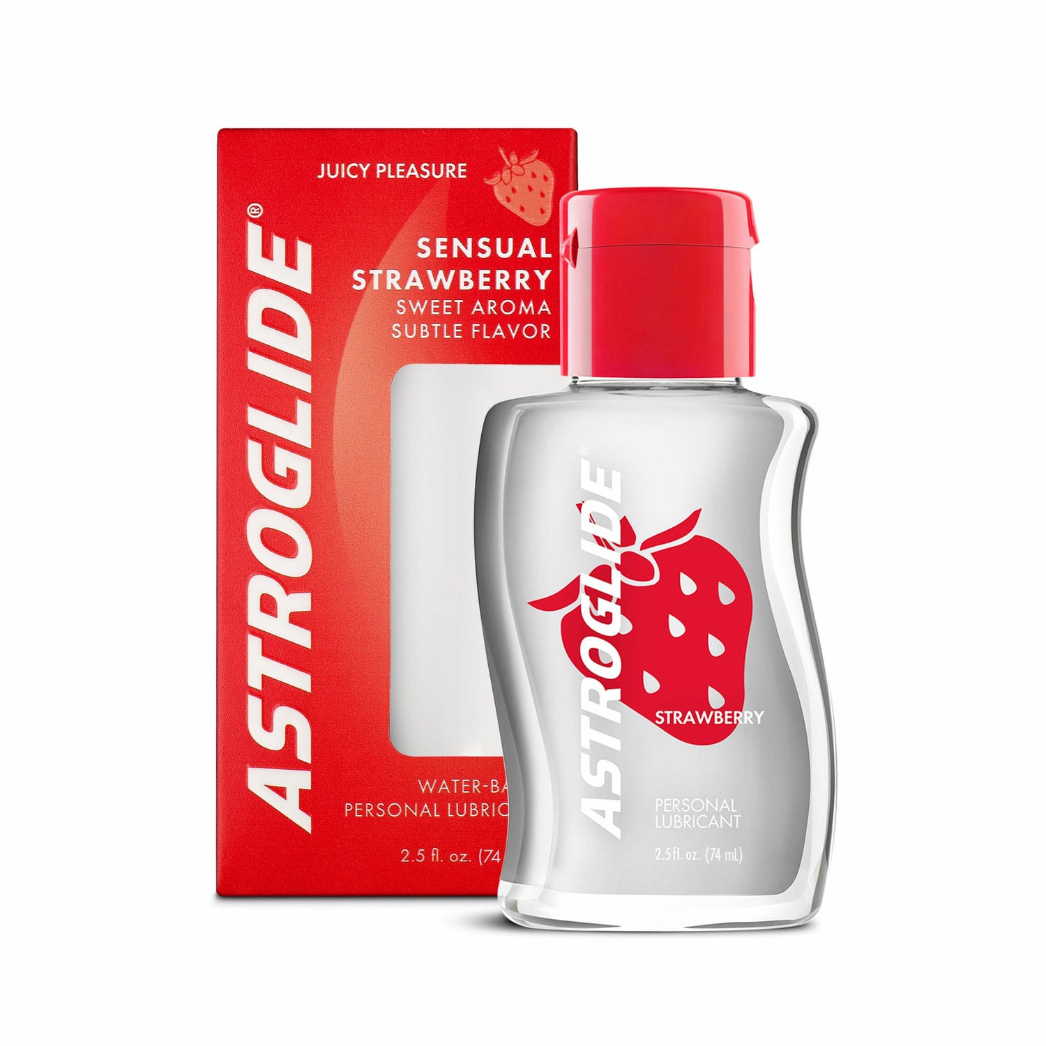 Astroglide Strawberry Water-based Lubricant 2.5 Oz bottle and packaging featuring strawberry design.