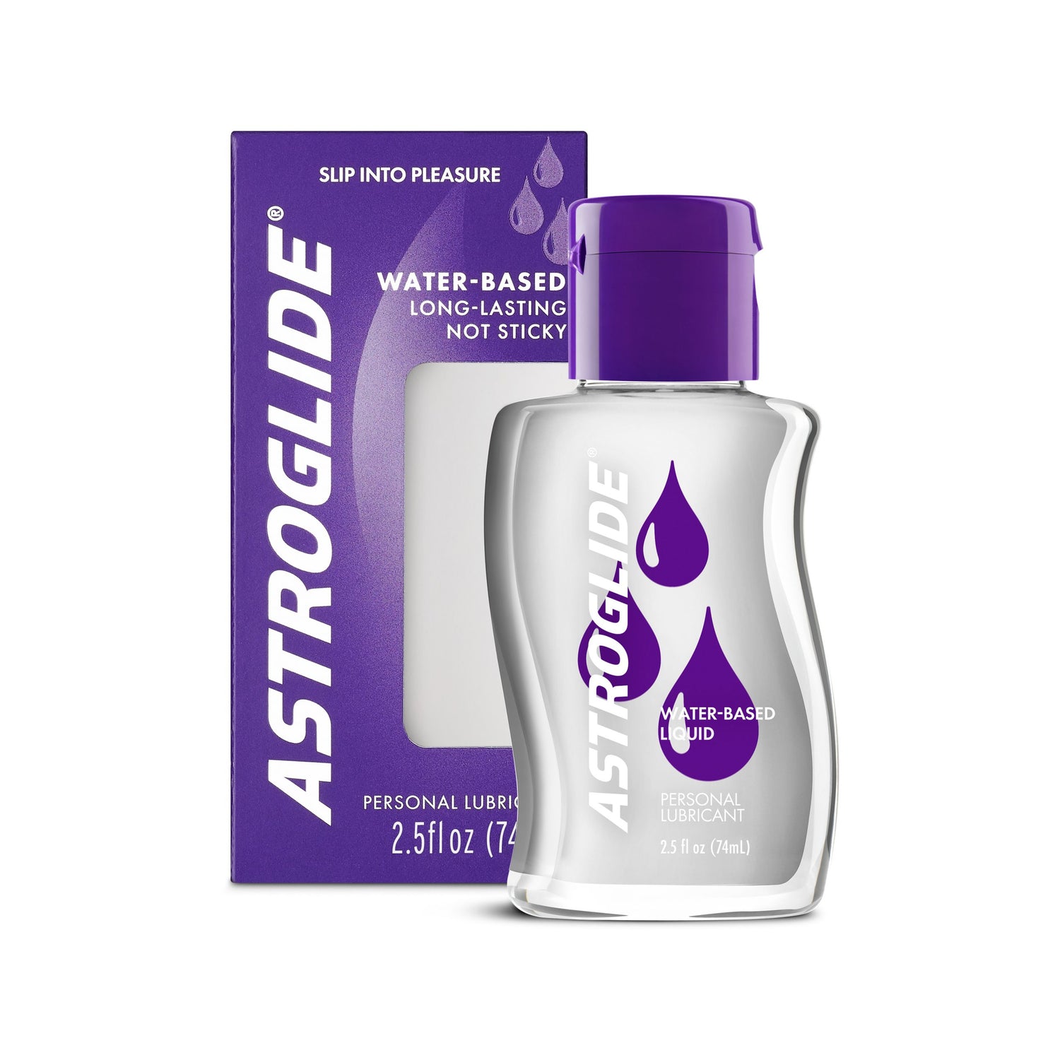 Astroglide Water-based Liquid Lubricant 2.5 Oz in a transparent bottle with box packaging