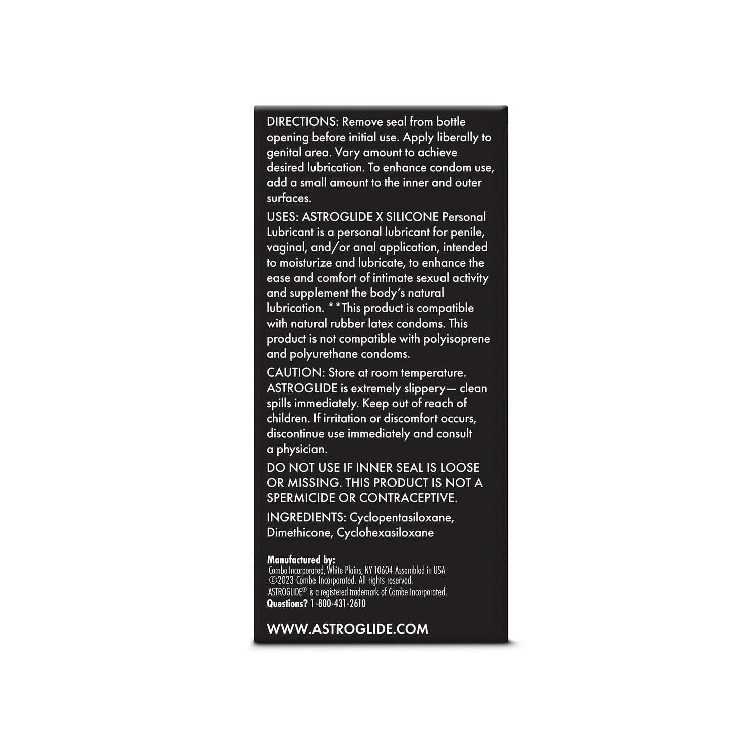 Astroglide Premium Silicone Lubricant 5 Oz usage directions and ingredients on product packaging.