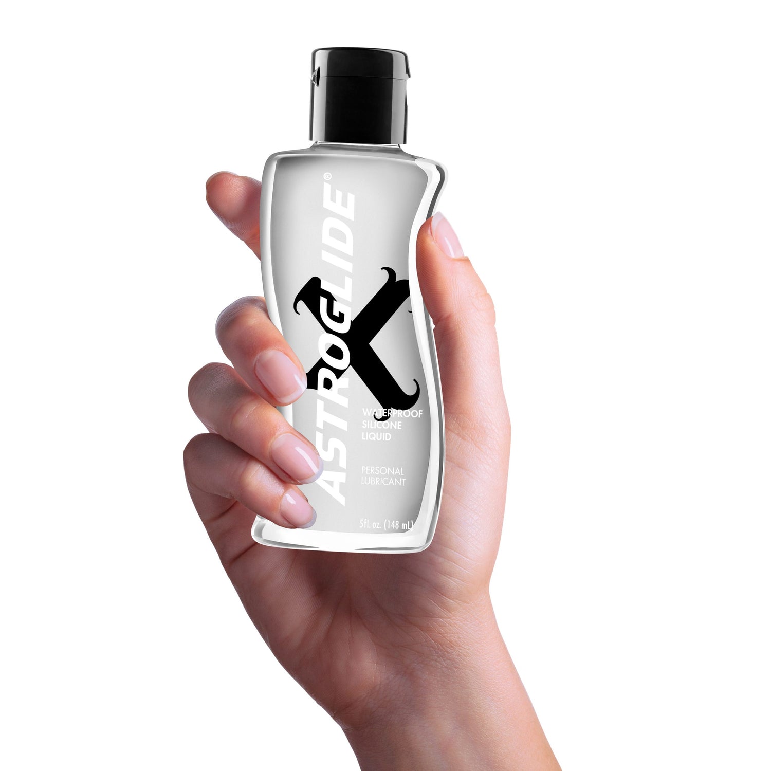 Astroglide Premium Silicone Lubricant 5 Oz bottle held in hand, showcasing high-performance silicone formula.
