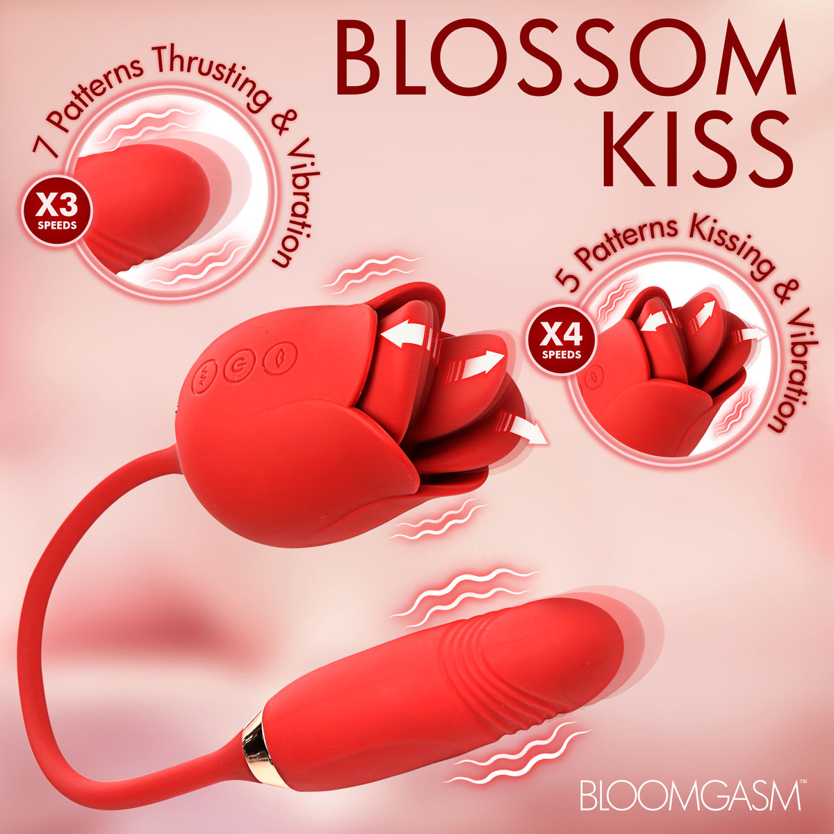 Blossom Kiss Licking Clit Stimulator with Thrusting Vibrator features 7 thrusting patterns and 5 kissing vibrations.