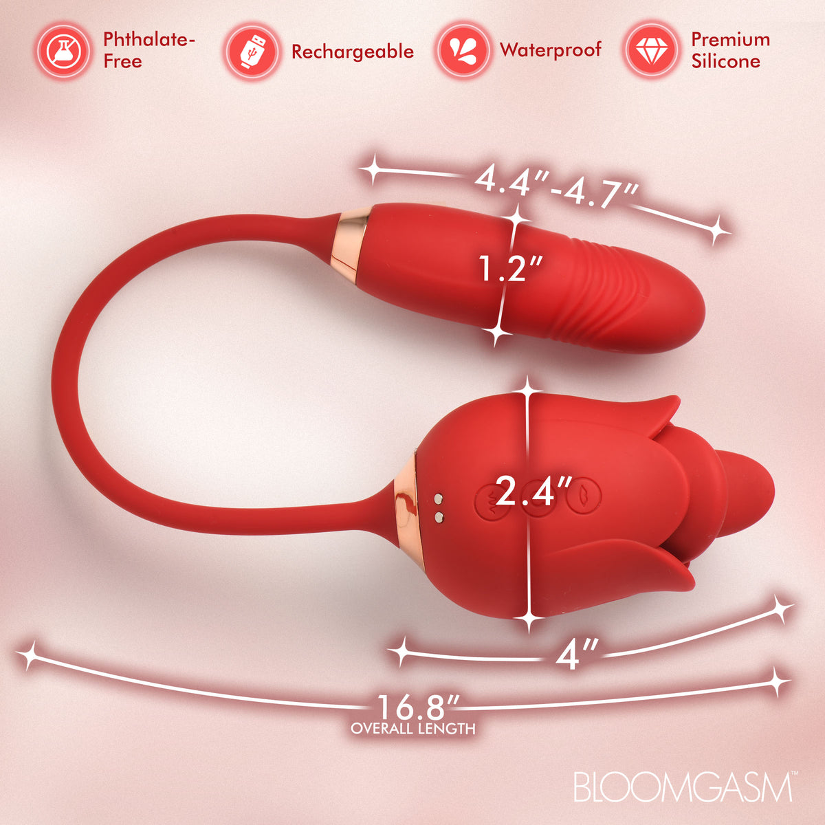 Blossom Kiss Licking Clit Stimulator with Thrusting Vibrator showcasing silicone design and key features.