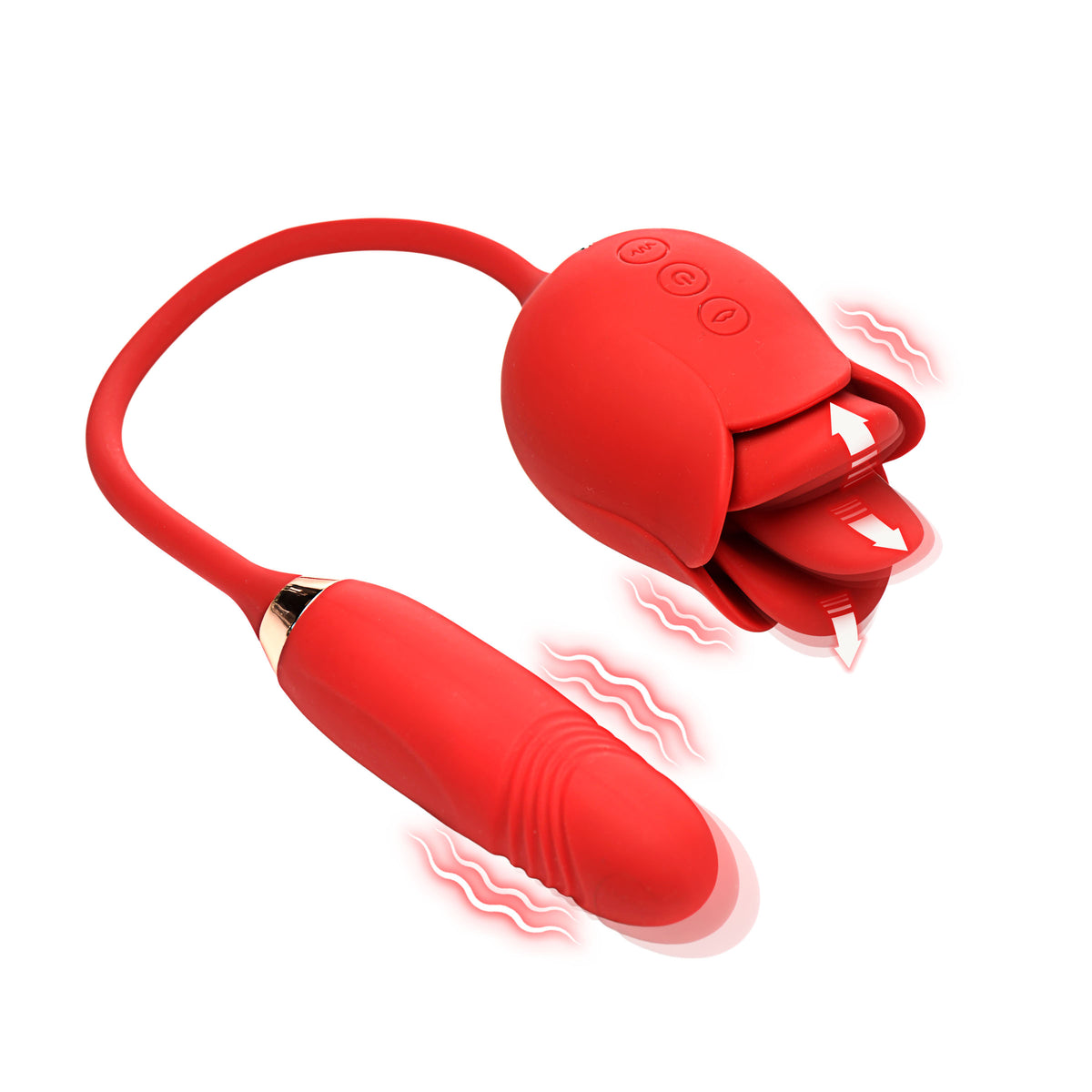 Blossom Kiss Licking Clit Stimulator with Thrusting Vibrator in red silicone with pulsating features.