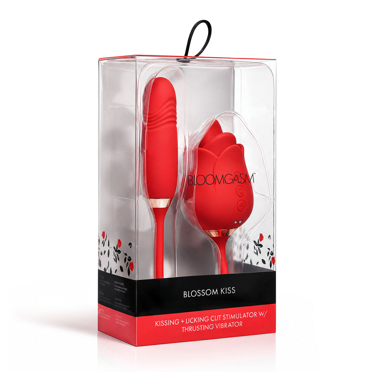 Blossom Kiss Licking Clit Stimulator with Thrusting Vibrator in red packaging, showcasing the unique design and features.