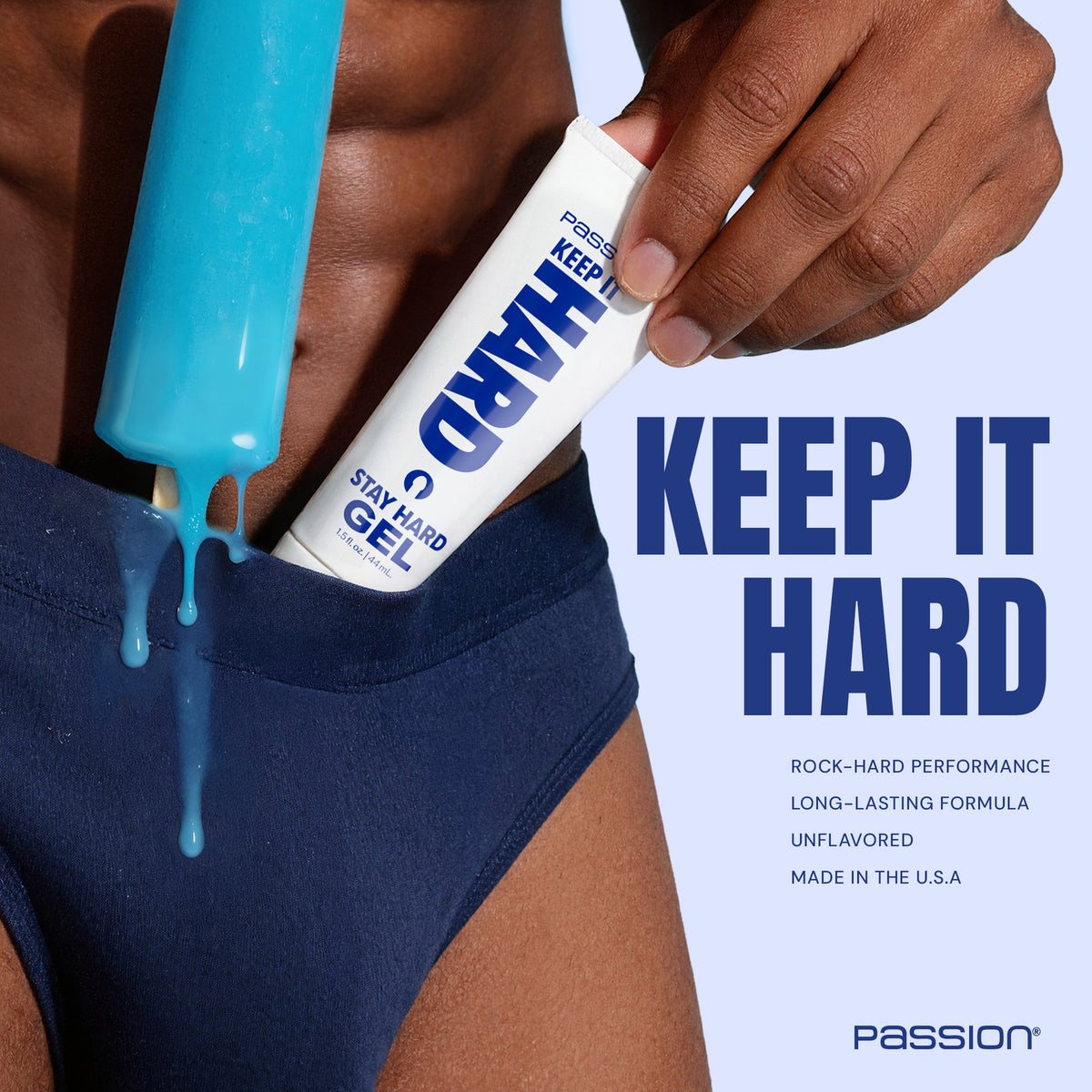 Passion Keep It Hard Stay Hard Gel 1.5 Oz in hand, highlighting its performance and unflavored formula.