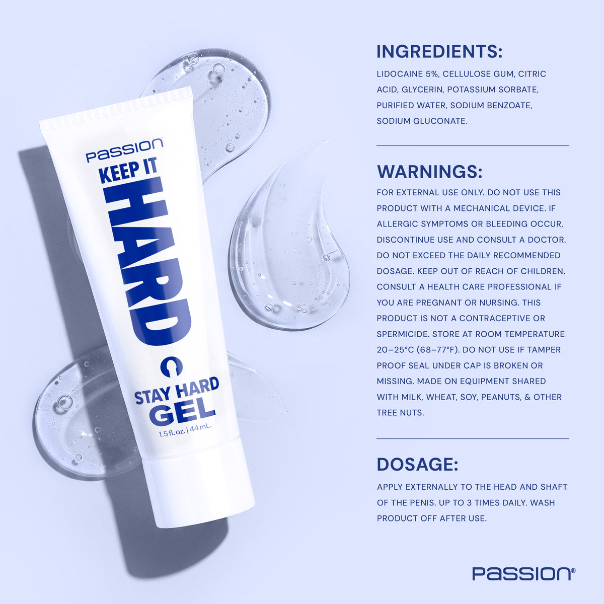 Passion Keep It Hard Stay Hard Gel 1.5 Oz tube on a light background with gel droplets, showcasing its ingredients and warnings.