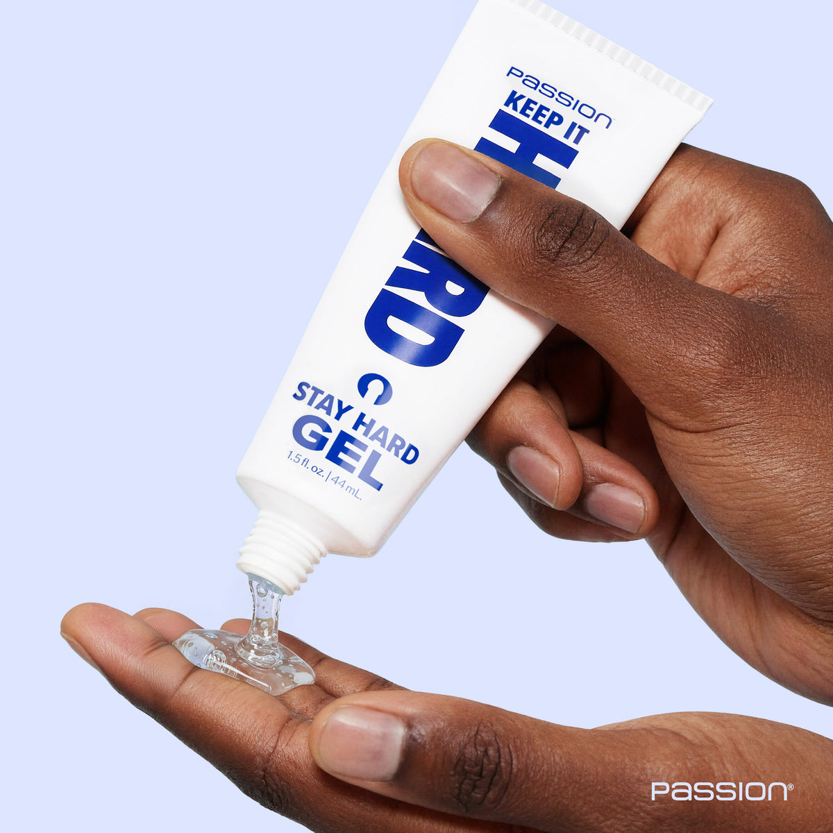 Passion Keep It Hard Stay Hard Gel 1.5 Oz being applied to a hand from the tube.
