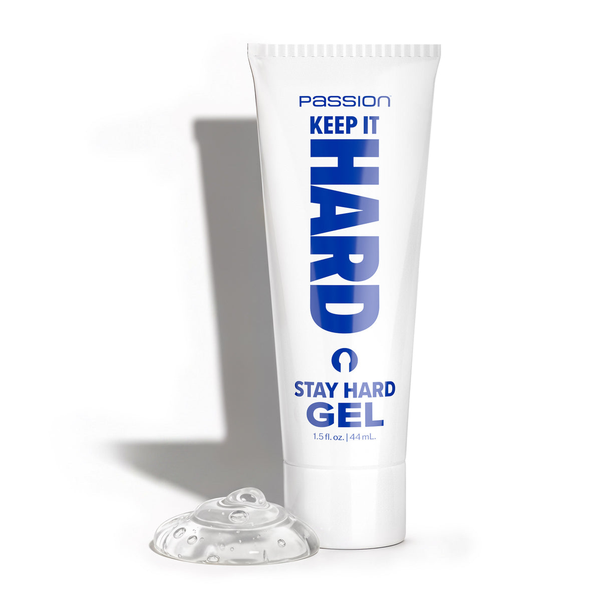 Passion Keep It Hard Stay Hard Gel 1.5 Oz in a tube with clear gel on a surface.