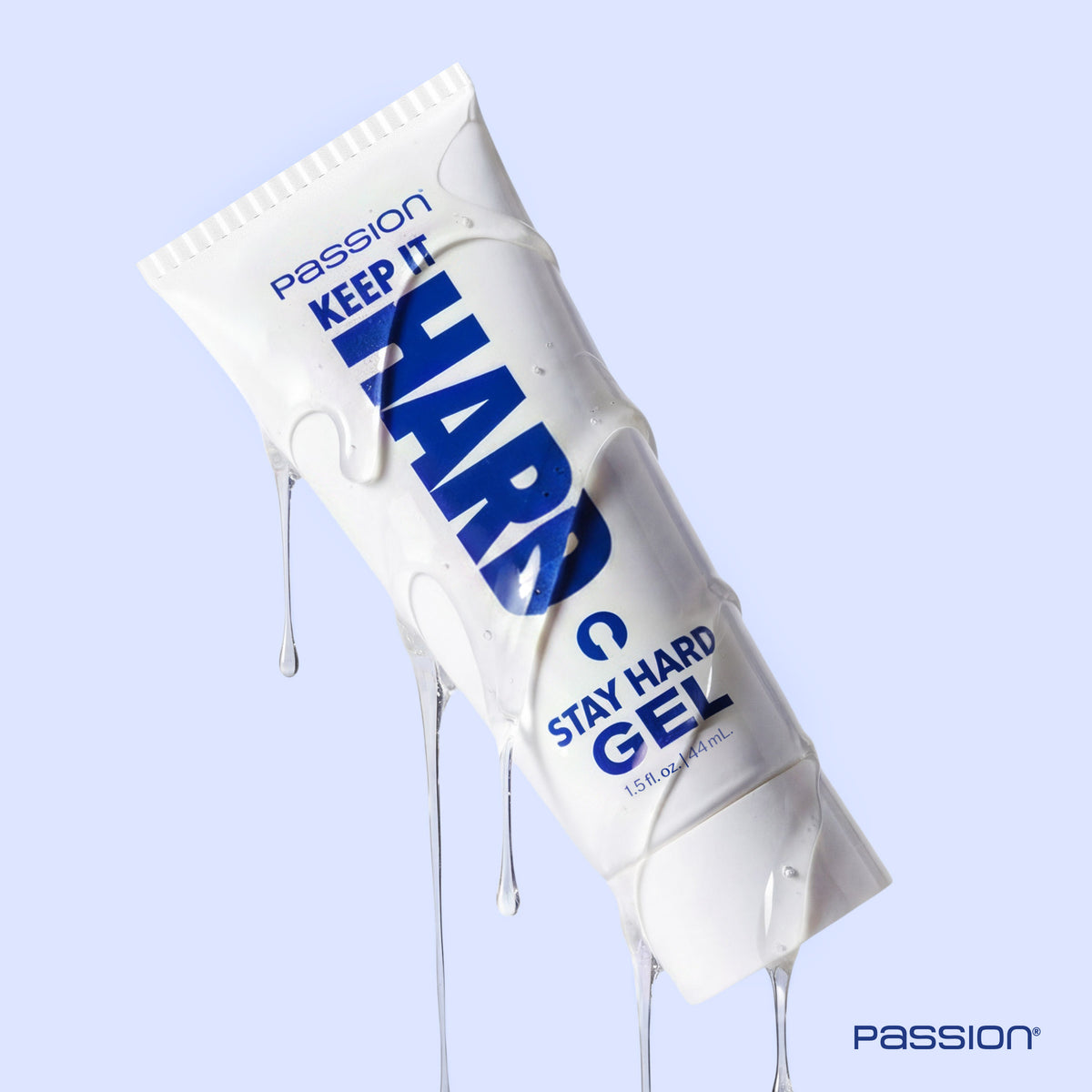 Passion Keep It Hard Stay Hard Gel 1.5 Oz tube with drips, designed to enhance intimacy and delay climax.