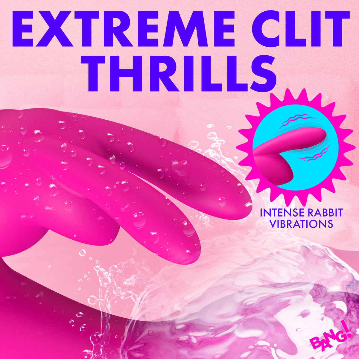 Flexible Vibrating Silicone Mini Rabbit Pink in water with text about intense vibrations and clit thrills.