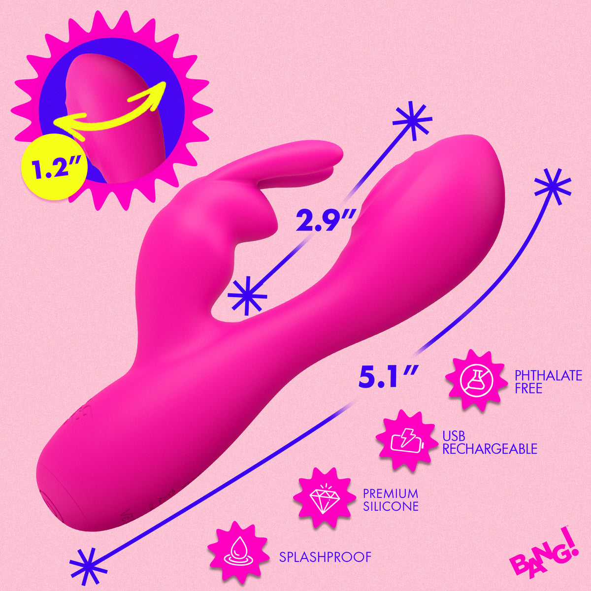 Flexible Vibrating Silicone Mini Rabbit Pink showing its dimensions and features on a pink background.