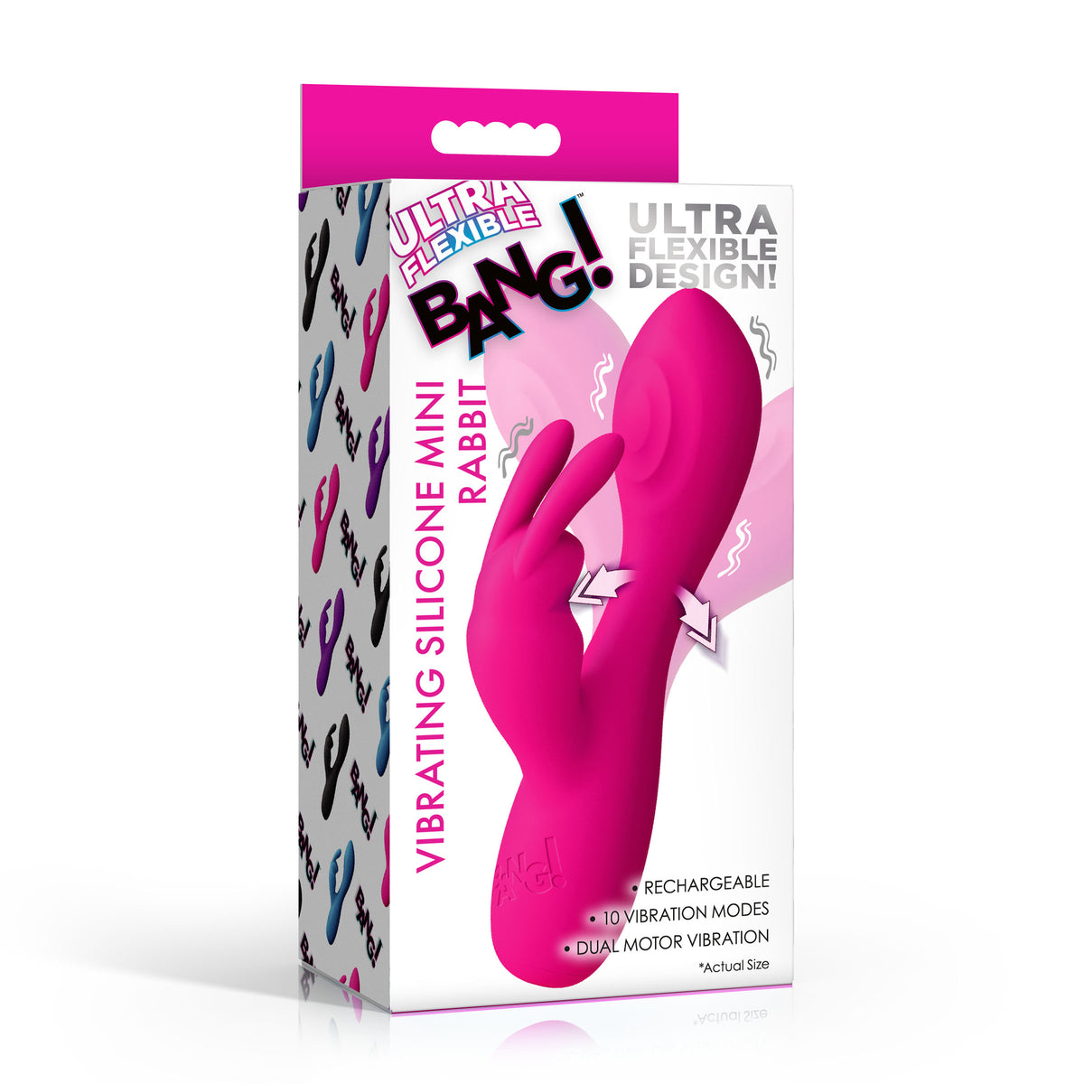 Flexible Vibrating Silicone Mini Rabbit Pink packaging showcasing its features and design.