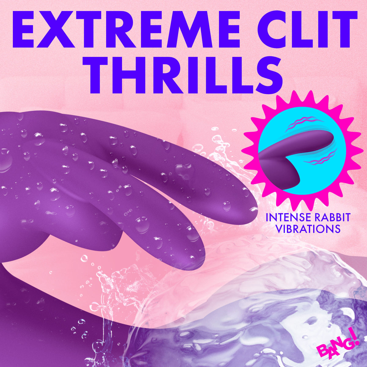 Bang Flexible Silicone Mini Rabbit Vibrator Purple with water droplets for intense clitoral stimulation.