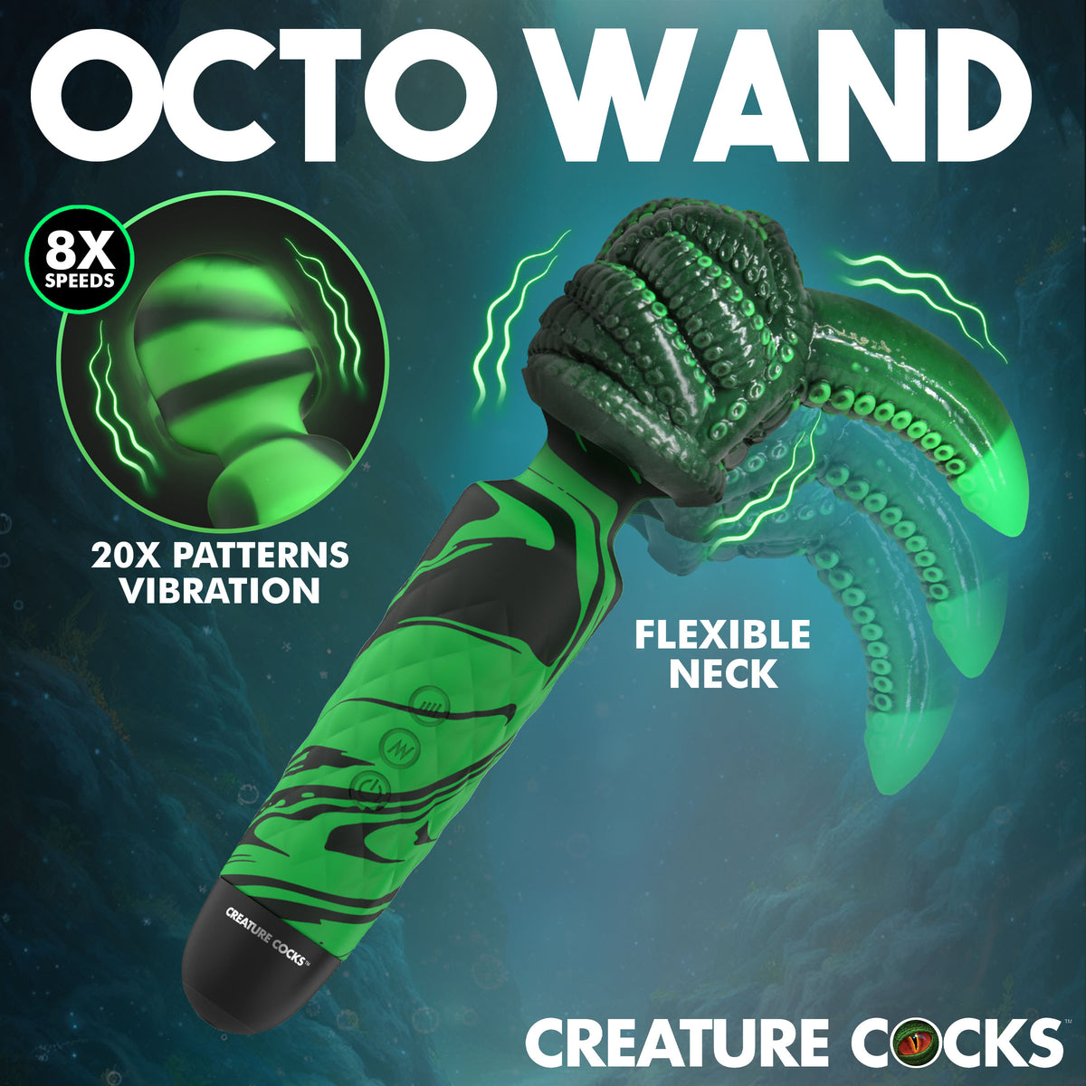 Creature Cocks Octo Wand Silicone Vibrator With Attachment showcasing flexible neck, 8 speeds, and 20 vibration patterns.