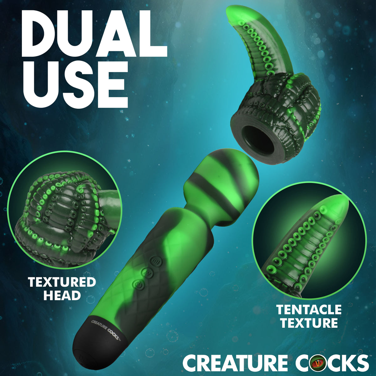 Creature Cocks Octo Wand Silicone Vibrator With Attachment showing dual use with textured head and tentacle attachment.