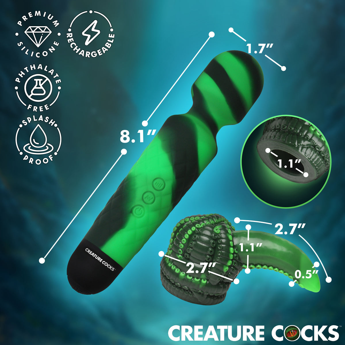 Creature Cocks Octo Wand Silicone Vibrator With Attachment dimensions and features in vibrant green colors.