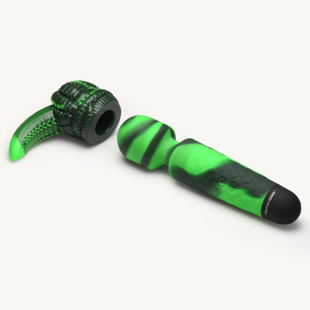 Creature Cocks Octo Wand Silicone Vibrator With Attachment in vibrant green with removable tentacle.