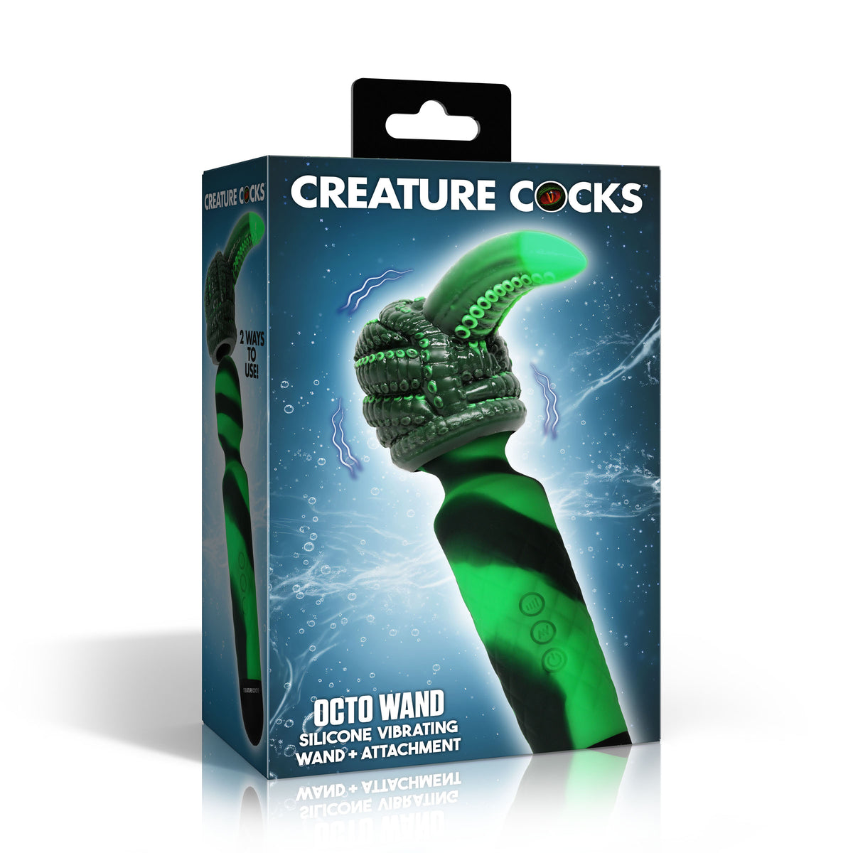Creature Cocks Octo Wand Silicone Vibrator With Attachment packaging featuring a green silicone vibrating wand and tentacle attachment.