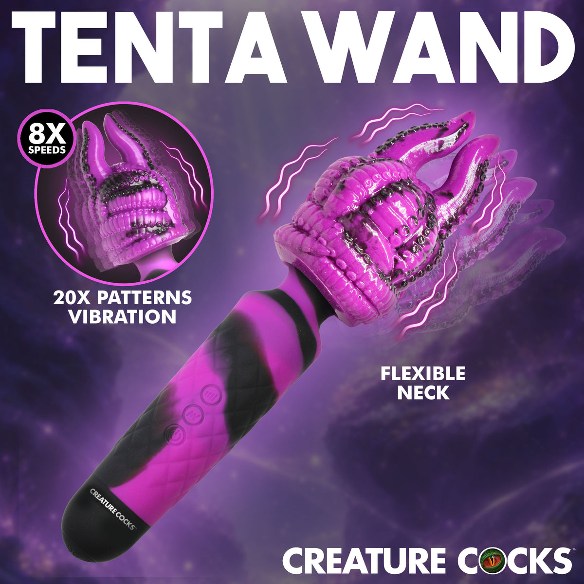 Creature Cocks Tenta Wand Silicone Vibrator With Attachment features 8 speeds and a flexible neck for enhanced pleasure.