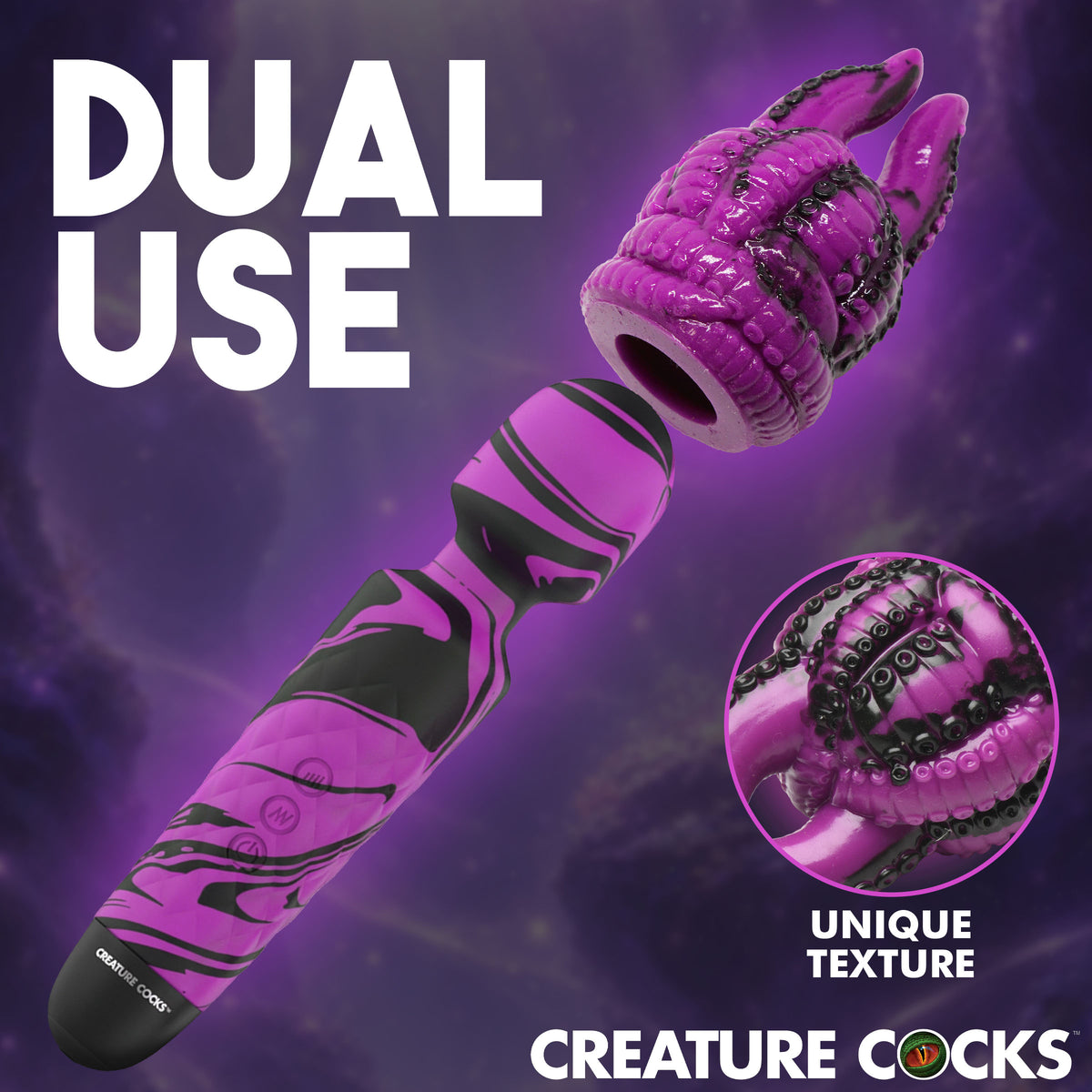 Creature Cocks Tenta Wand Silicone Vibrator With Attachment featuring dual use design and unique texture.