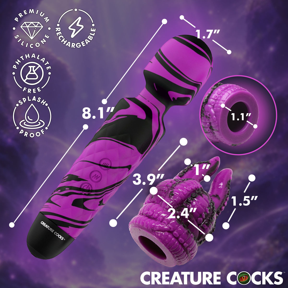 Creature Cocks Tenta Wand Silicone Vibrator With Attachment features a unique tentacle design for enhanced stimulation.