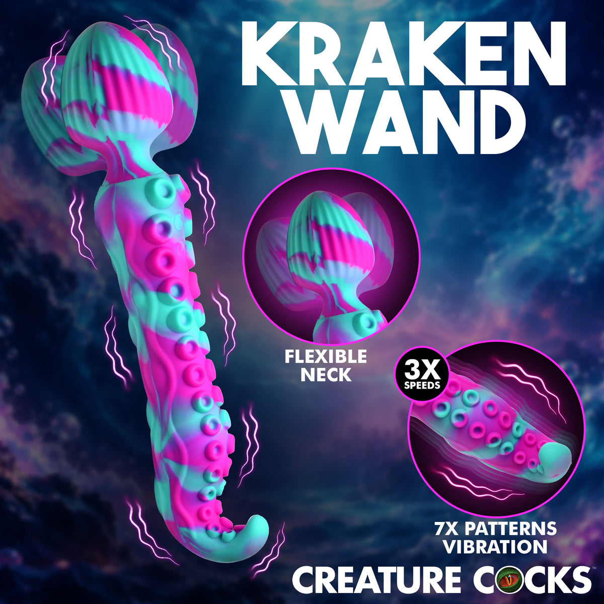 Creature Cocks Kraken Wand Dual-Ended Silicone Wand Massager displayed with flexible neck and vibrant colors.