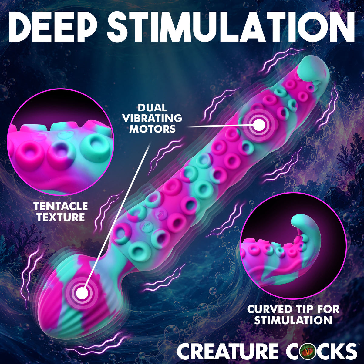 Creature Cocks Kraken Wand Dual-Ended Silicone Wand Massager showing tentacle texture and dual vibrating motors.