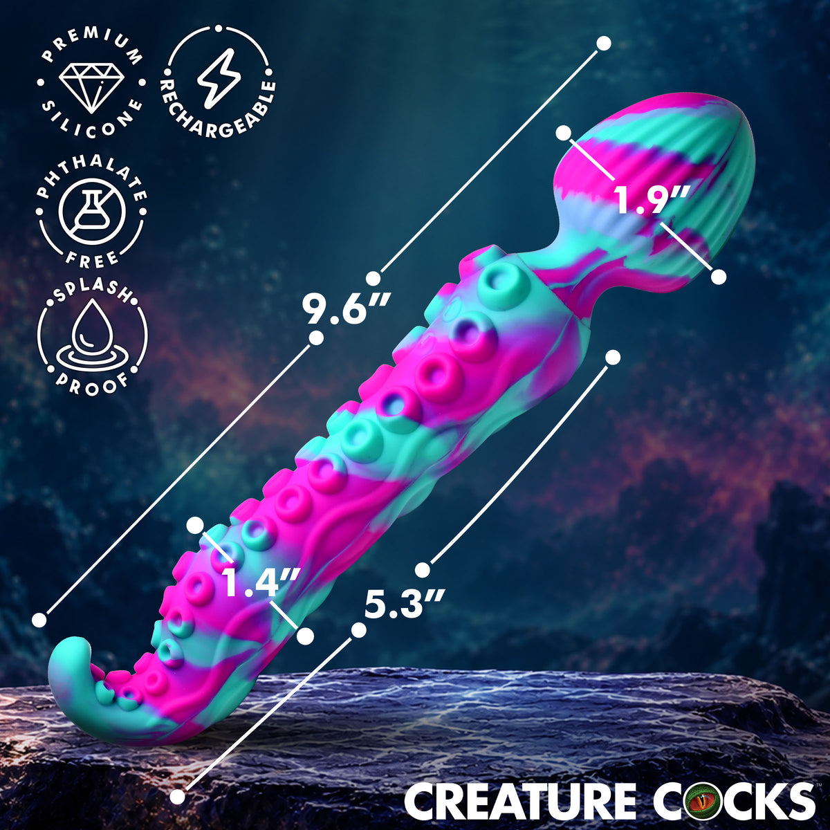 Creature Cocks Kraken Wand Dual-Ended Silicone Wand Massager showcasing its dimensions and unique design features.