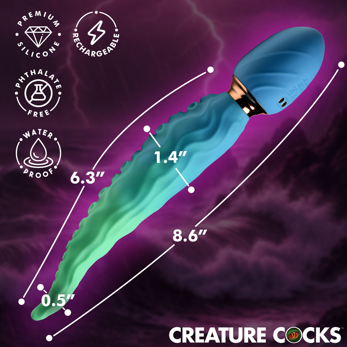 Creature Cocks Deep Squirmer Squirming Silicone Vibrator dimensions and features on a dramatic background.