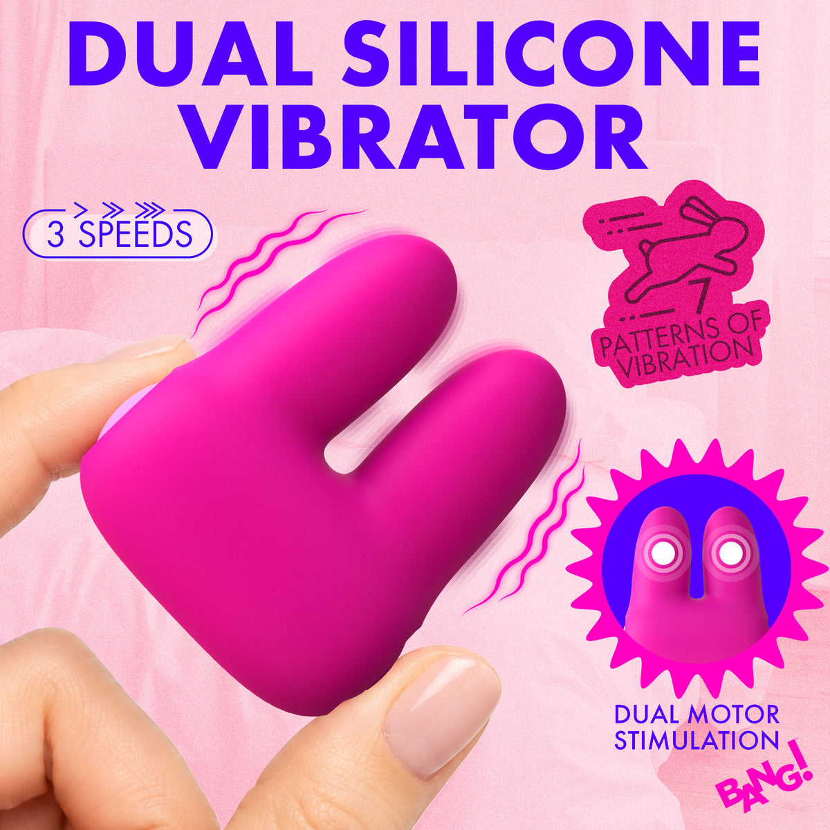 Bang Dual Silicone Clitoral Vibrator Pink with dual motors and three speeds for enhanced stimulation.