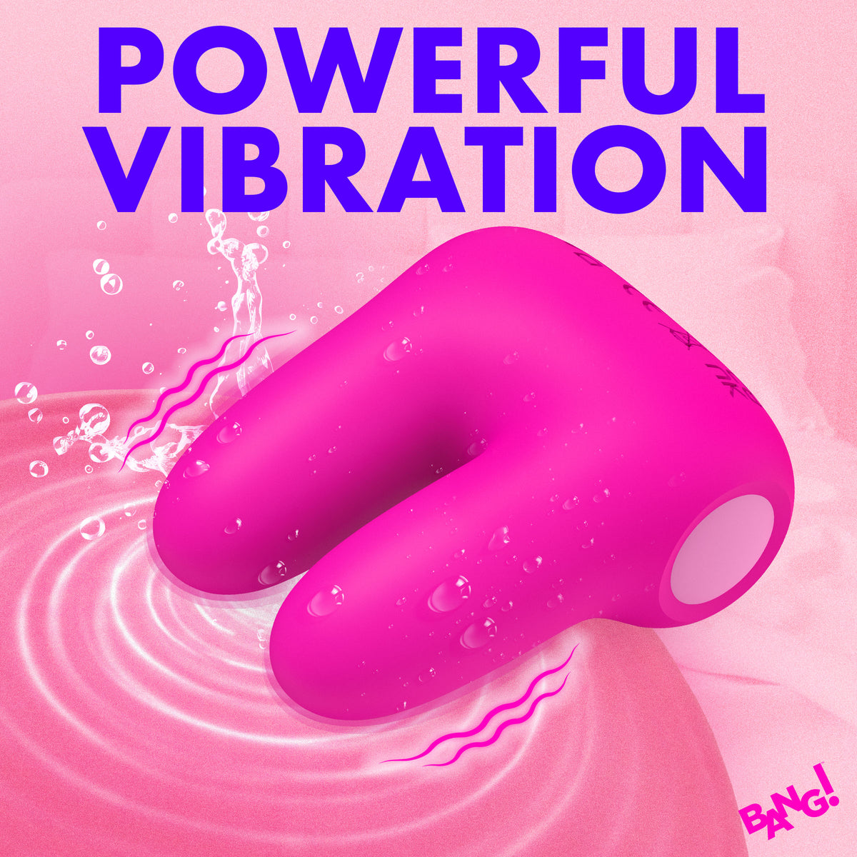 Bang Dual Silicone Clitoral Vibrator Pink showcasing powerful vibration with silicone ears and water droplets.