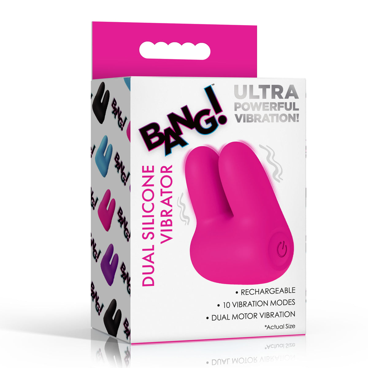 Bang Dual Silicone Clitoral Vibrator Pink packaging featuring dual motor vibration and 10 modes of powerful vibration.