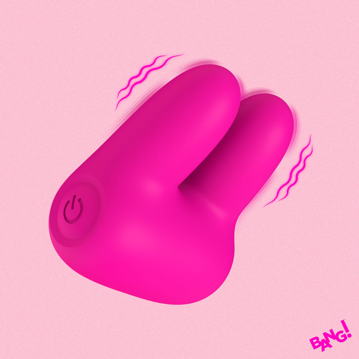 Bang Dual Silicone Clitoral Vibrator Pink with dual silicone ears against a soft pink background, showcasing its unique design.