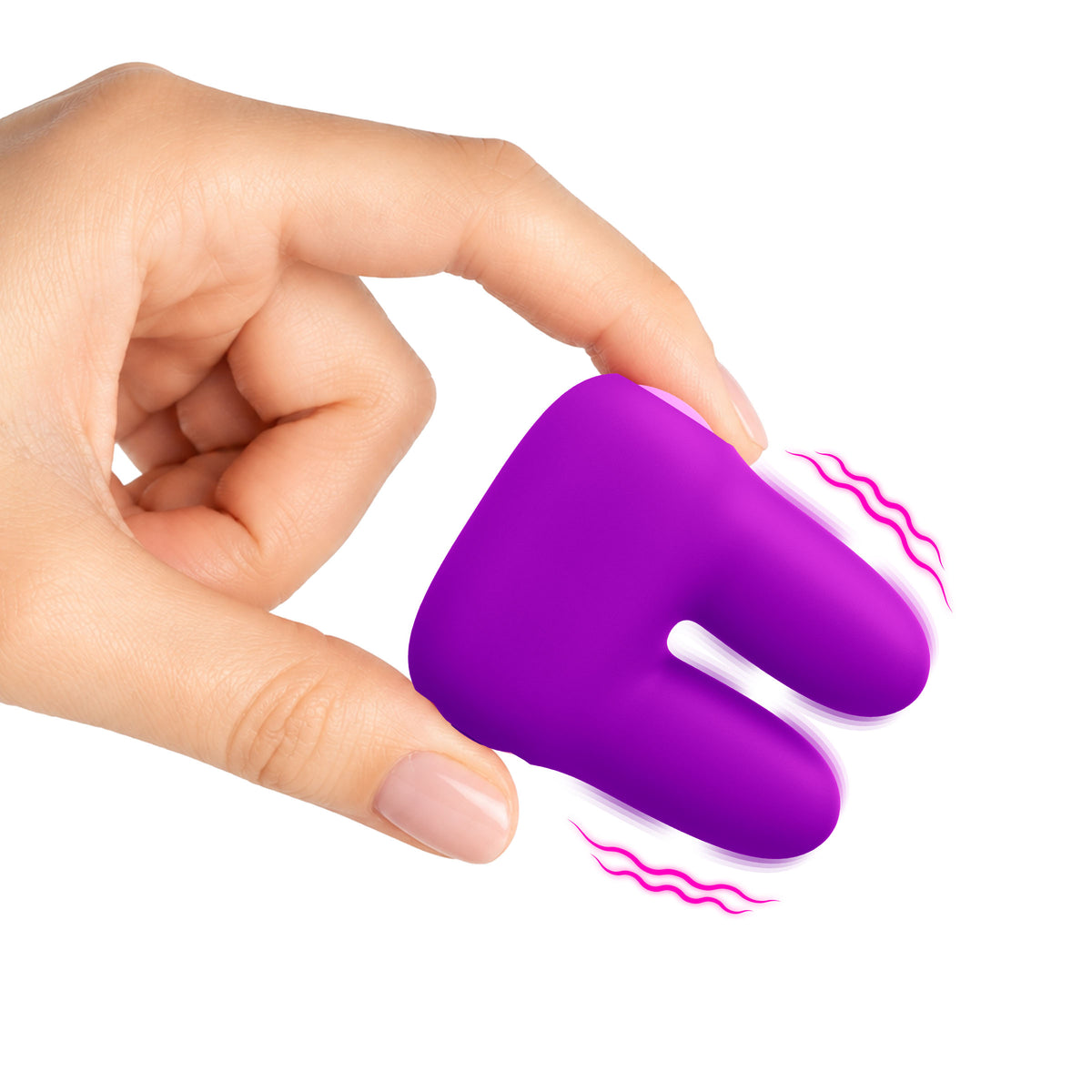 A hand holding a Dual Silicone Clitoral Vibrator Purple, showcasing its soft silicone design and dual-motor features.