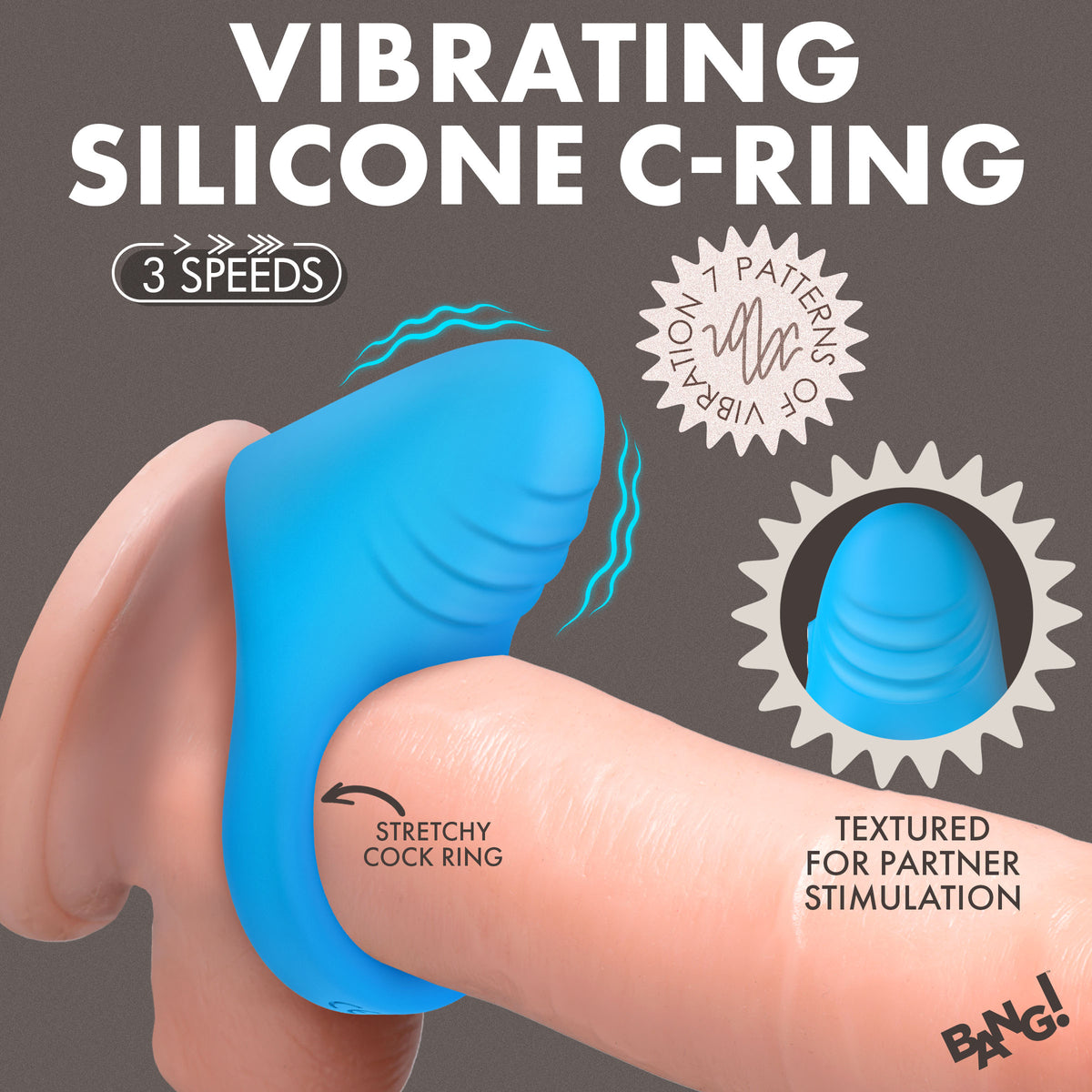Bang Vibrating Silicone C-Ring Black features textured vibrating pad and stretchy design for enhanced partner pleasure.