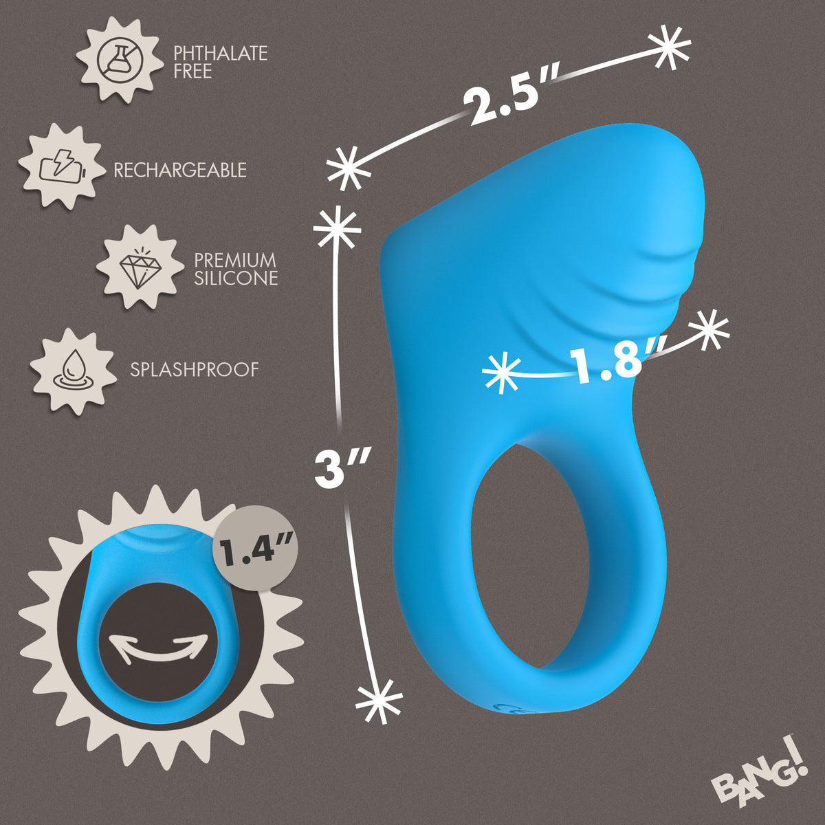 Bang Vibrating Silicone C-Ring Black dimensions with phthalate-free, rechargeable, splashproof features.