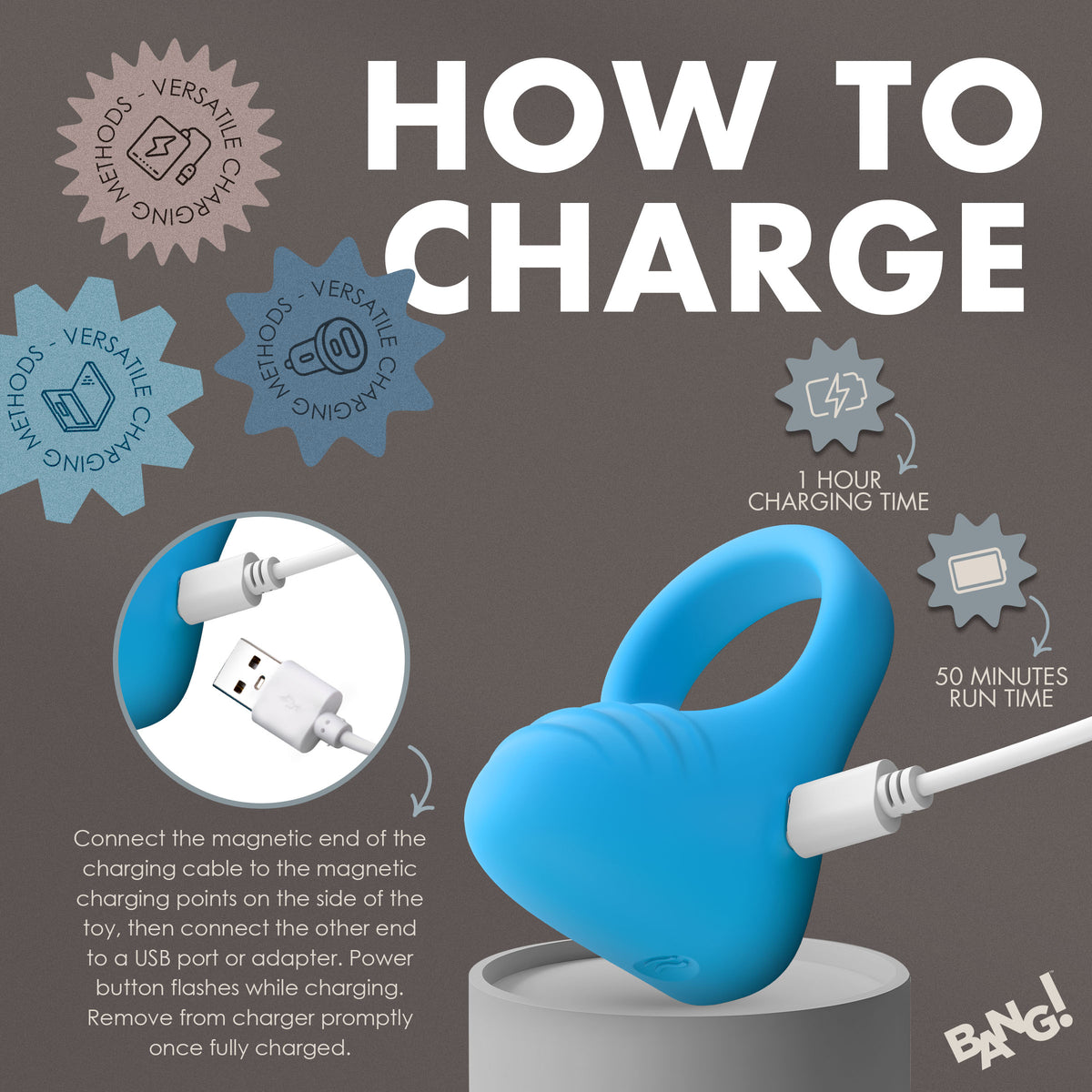 How to charge the Bang Vibrating Silicone C-Ring Black with magnetic cable and USB connection instructions.