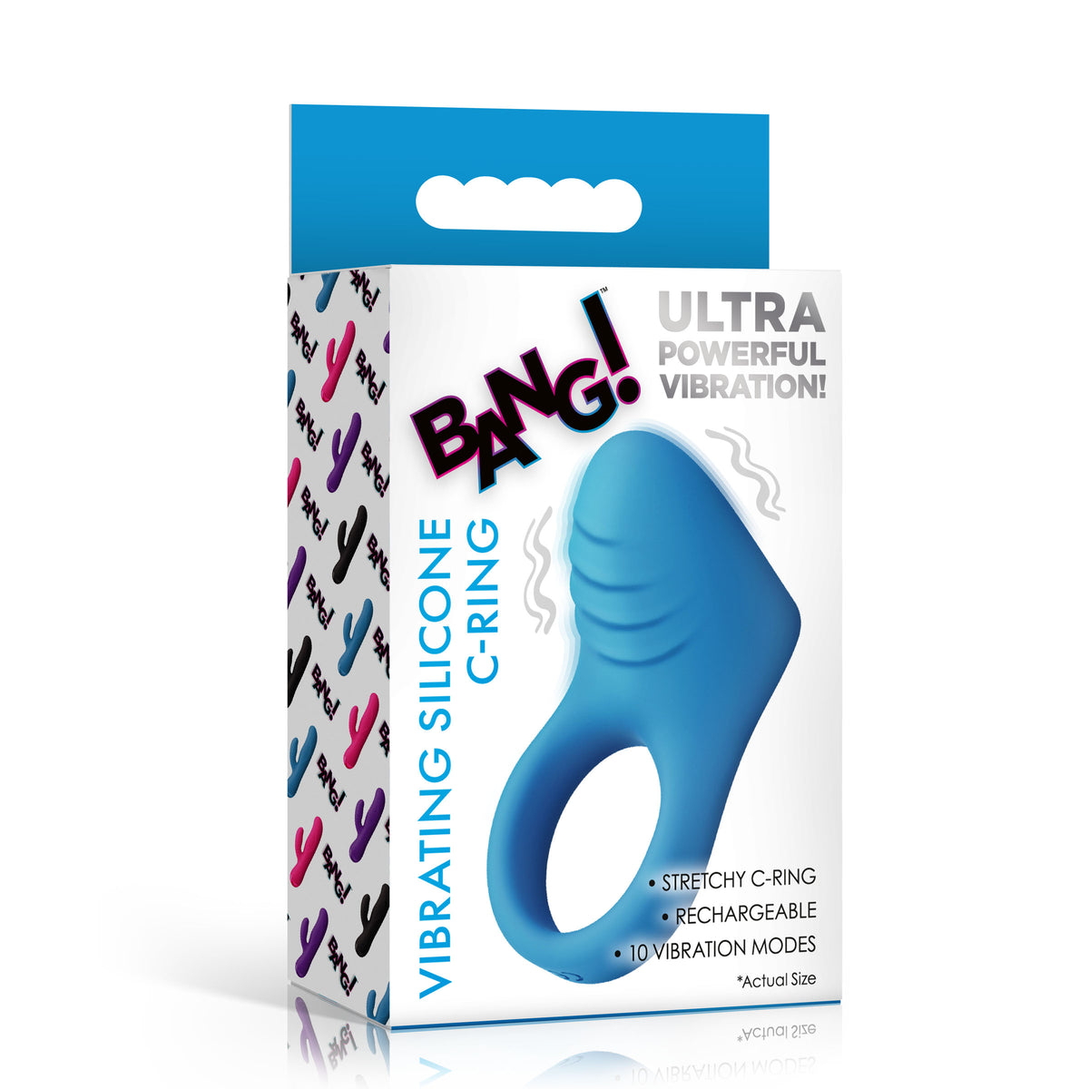 Bang Vibrating Silicone C-Ring Black packaging with details about features and benefits.