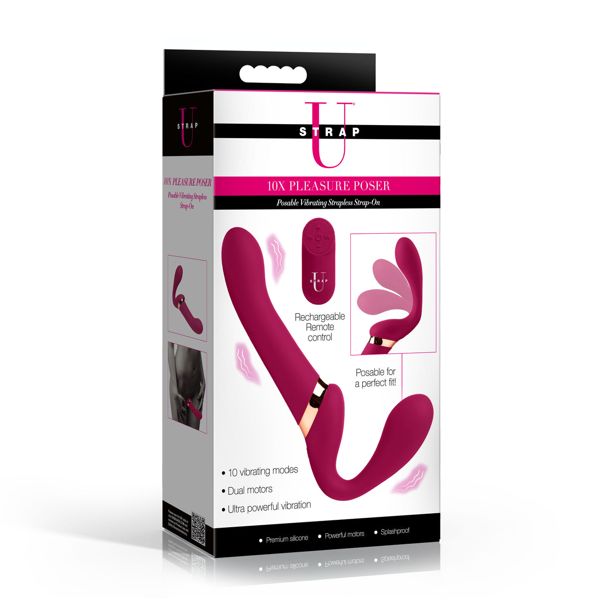 10X Pleasure Poser Posable Vibrating Strapless Strap-On packaging showcasing dual motors and rechargeable remote control.
