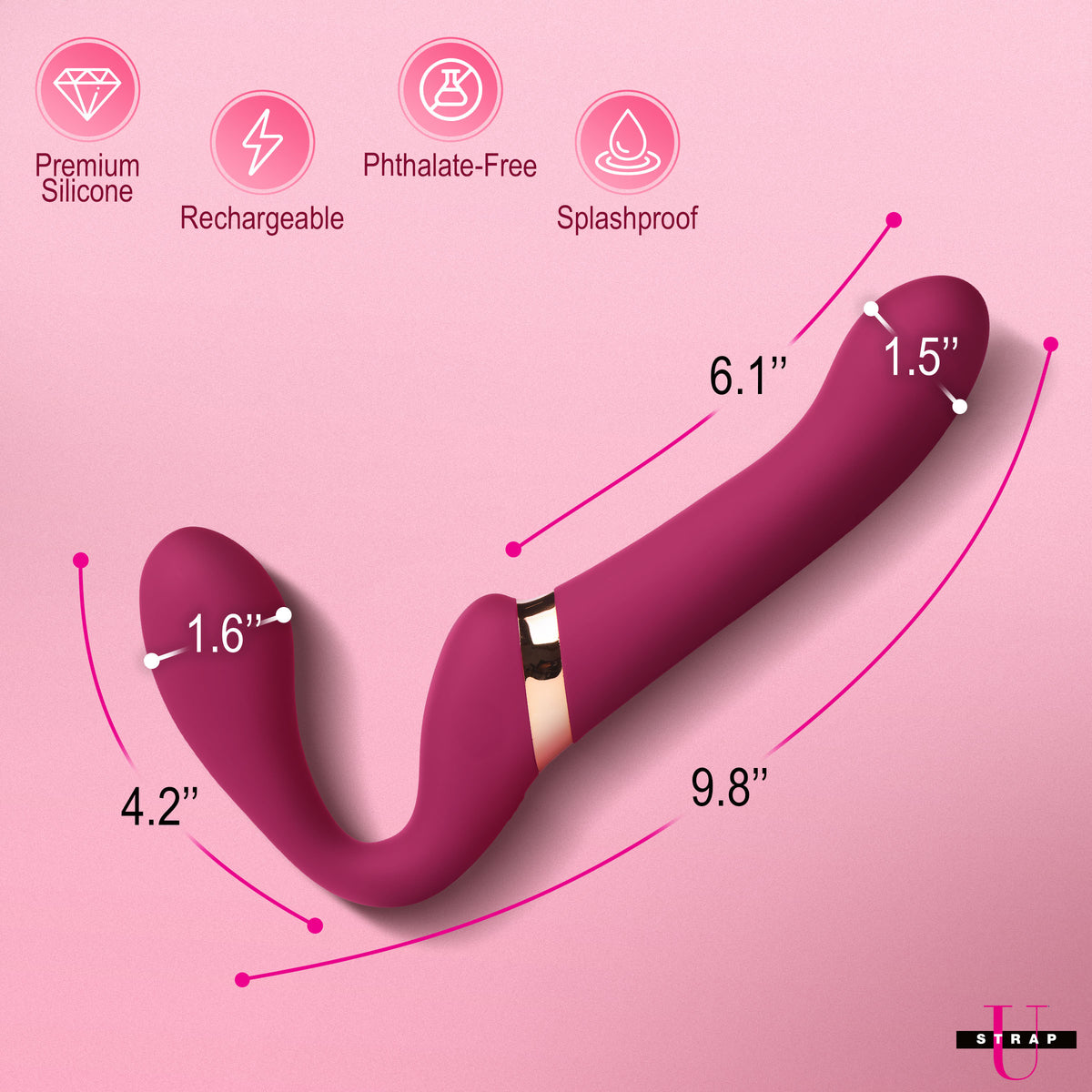 10X Pleasure Poser Posable Vibrating Strapless Strap-On with dimensions and features like premium silicone and splashproof design.