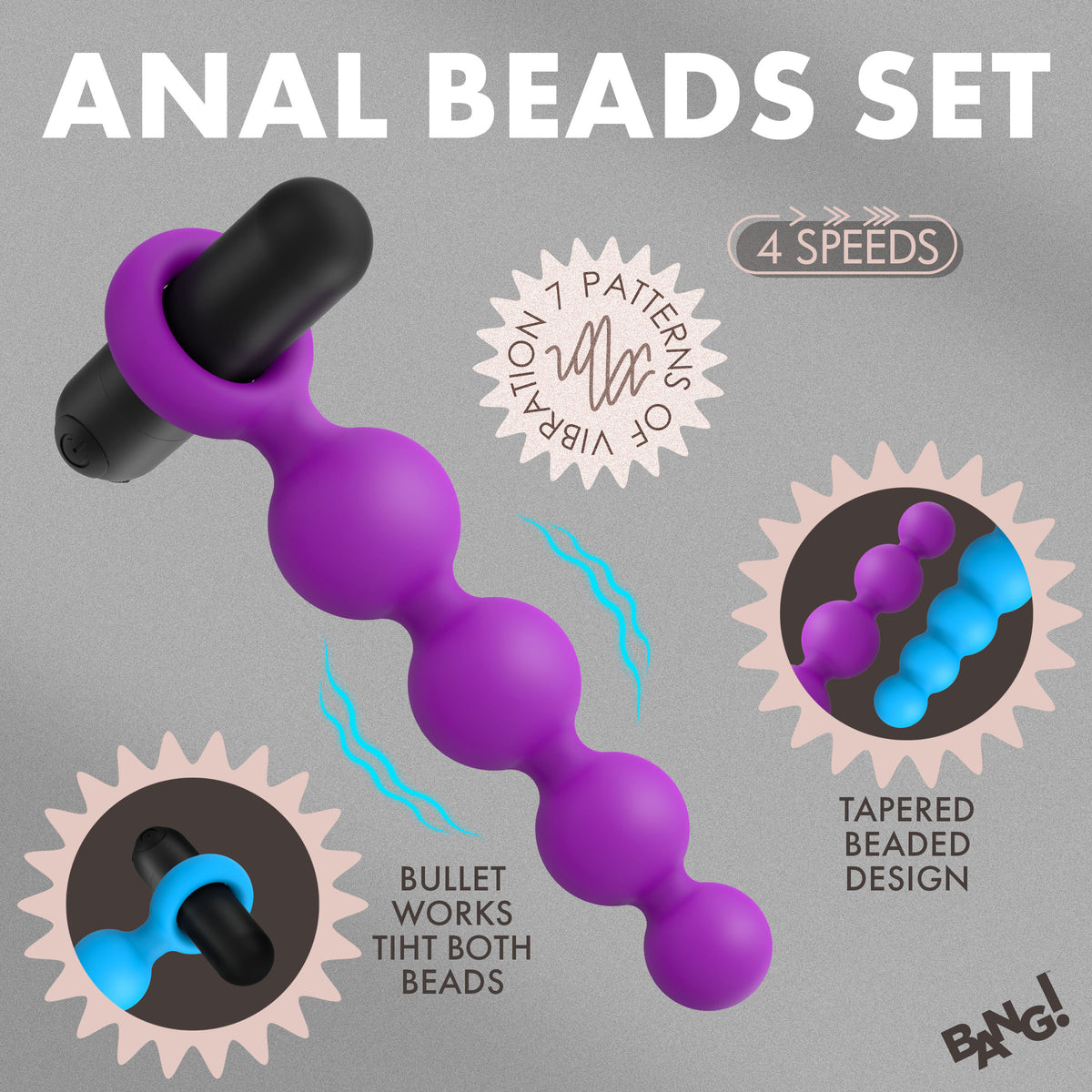 Bang Vibrating Silicone Anal Beads Set with Remote featuring a purple beaded design and interchangeable vibrating bullet.