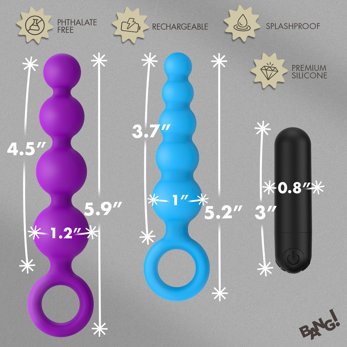Bang Vibrating Silicone Anal Beads Set with Remote featuring graduated beaded strands and remote control.