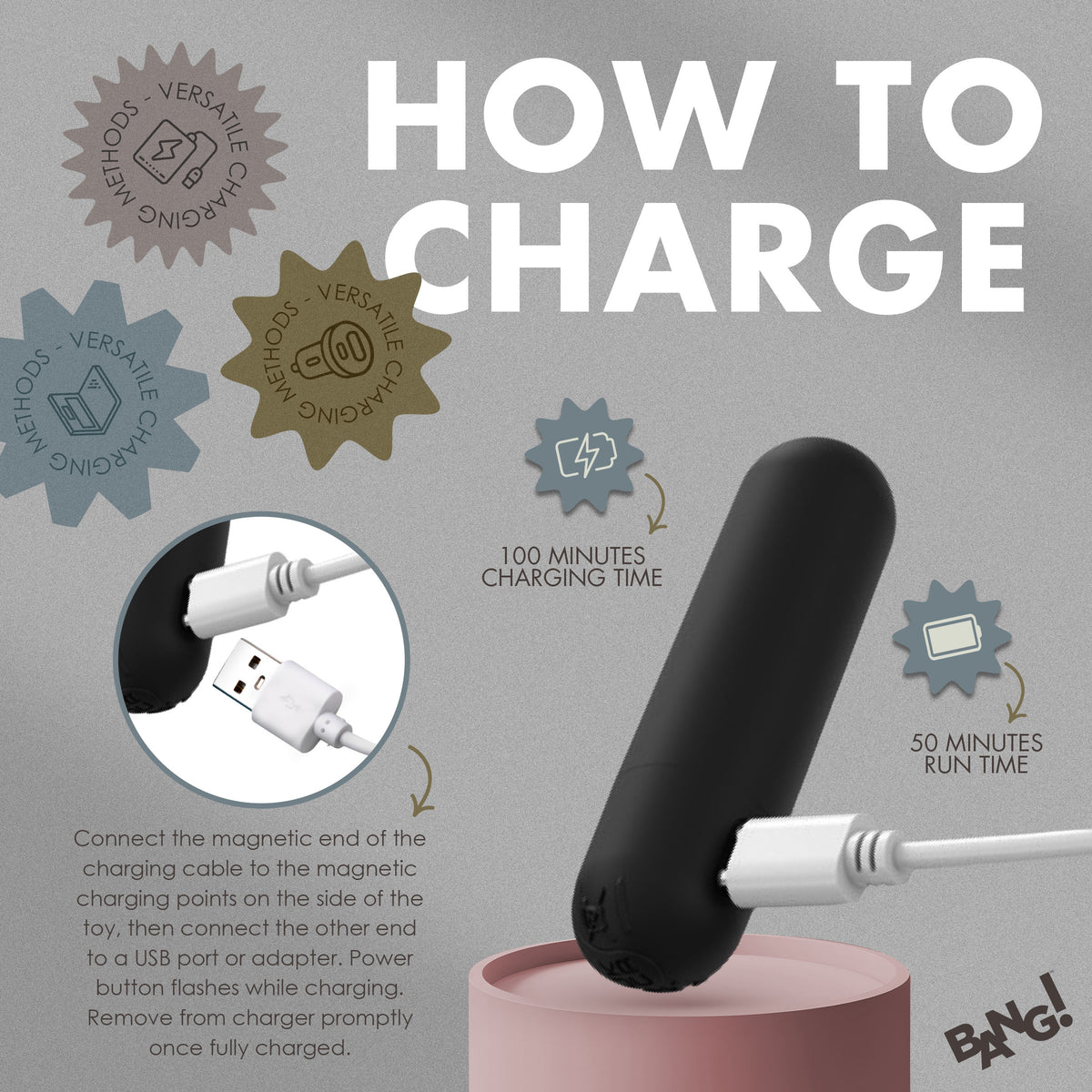 How to charge Bang Vibrating Silicone Anal Beads Set with Remote, illustrating charging cable connection.