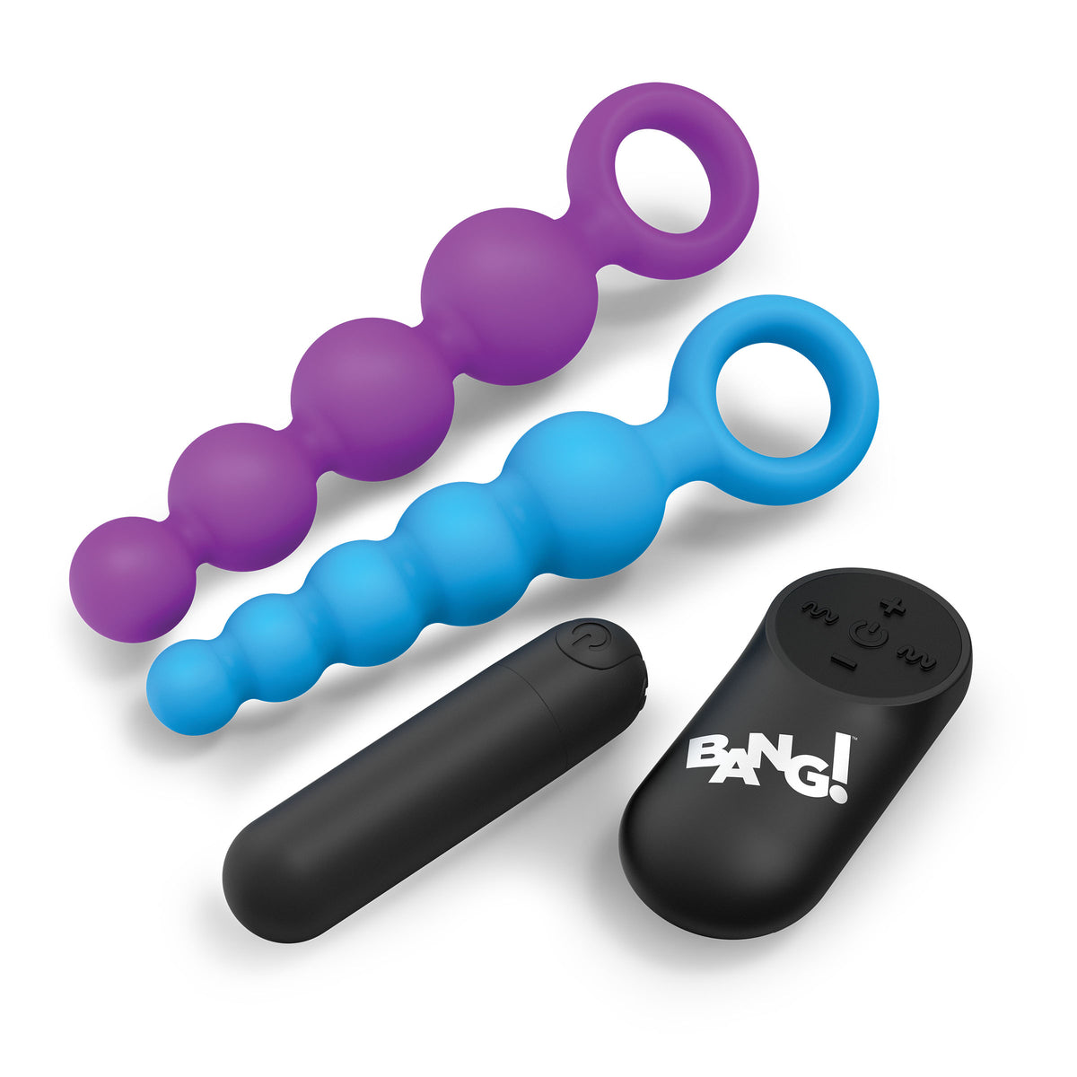 Bang Vibrating Silicone Anal Beads Set with Remote featuring two beaded strands and a remote control for versatile pleasure.
