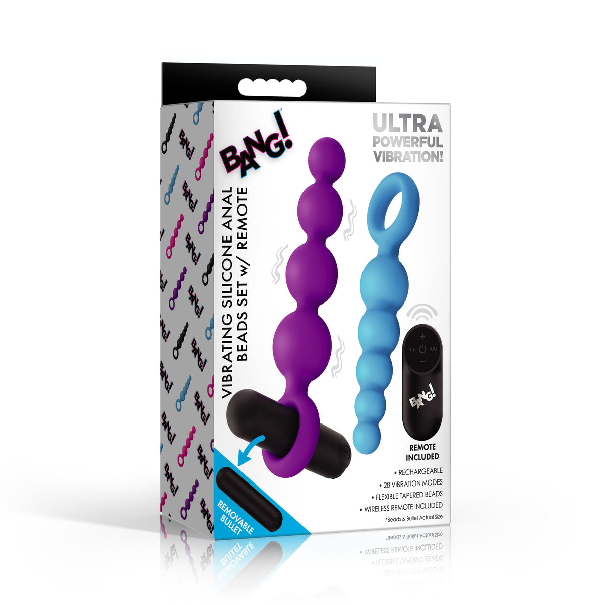 Bang Vibrating Silicone Anal Beads Set with Remote packaging showcasing two beaded strands and remote control features.