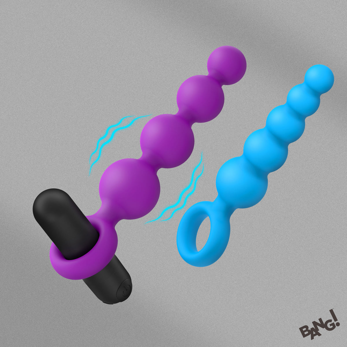 Bang Vibrating Silicone Anal Beads Set with Remote featuring two graduated beaded strands and interchangeable vibrating bullet.