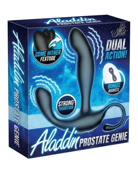 Aladdin Prostate Genie Remote Control Prostate Massager packaging featuring dual action and targeted stimulation.