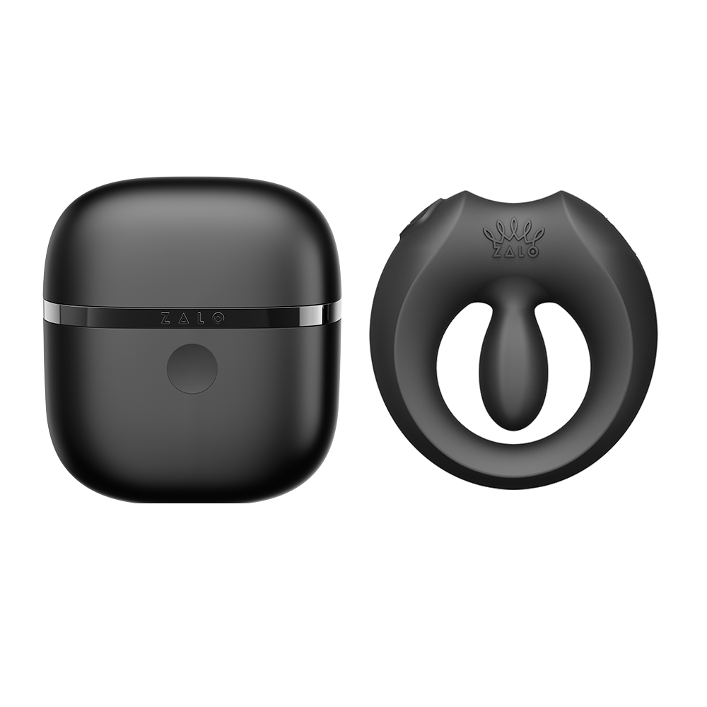 ZALO Apis Vibrating Couples Ring Obsidian Black next to its charging case, showcasing premium design and quality.