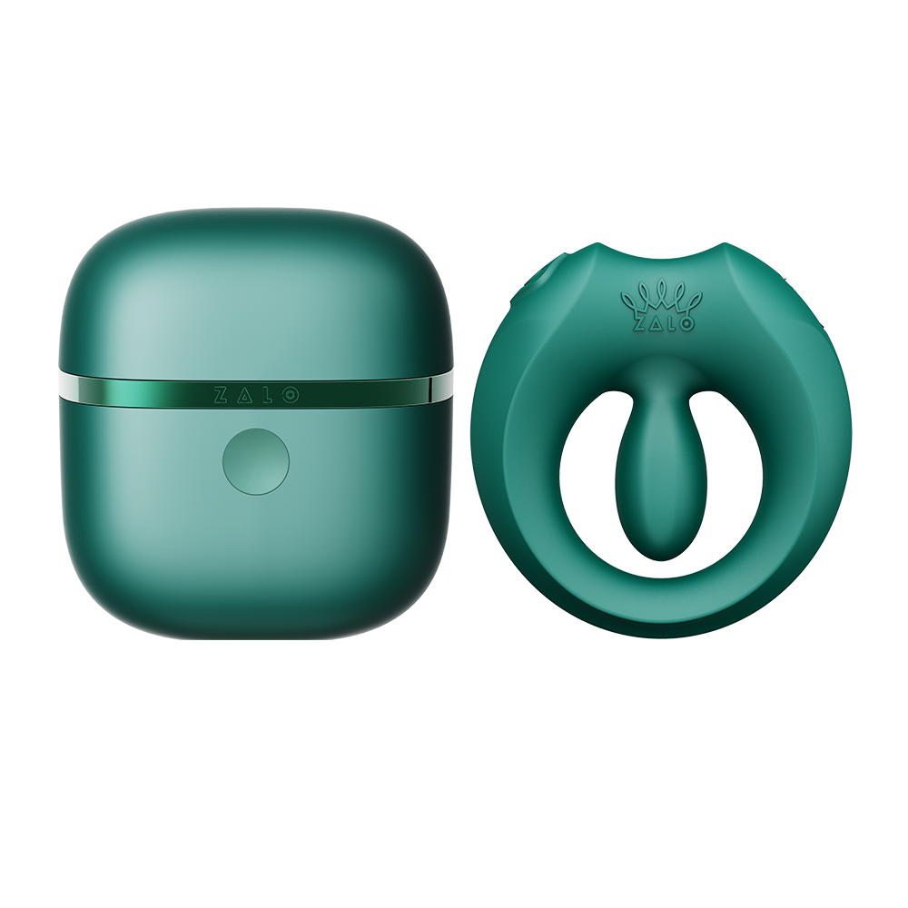 ZALO Apis Vibrating Couples Ring Turquoise Green displayed with storage case in sleek green design.